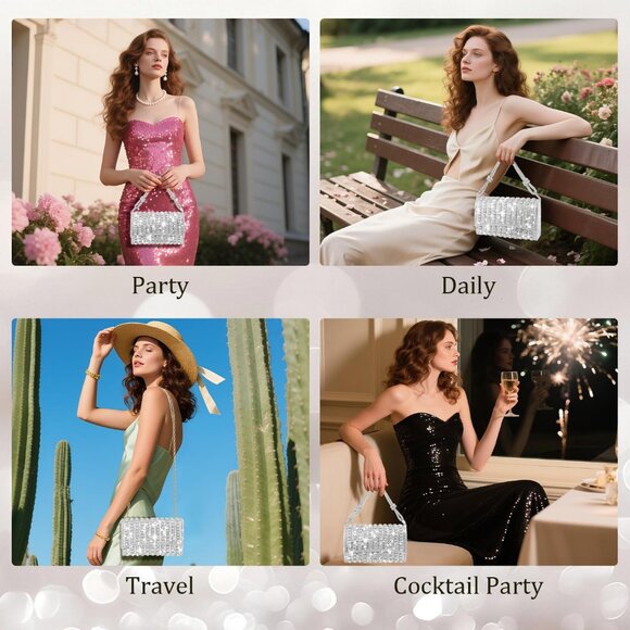 Silver Rhinestone Clutch Evening Crossbody Bag for Wedding & Party Cocktail Prom - Picture 7 of 7